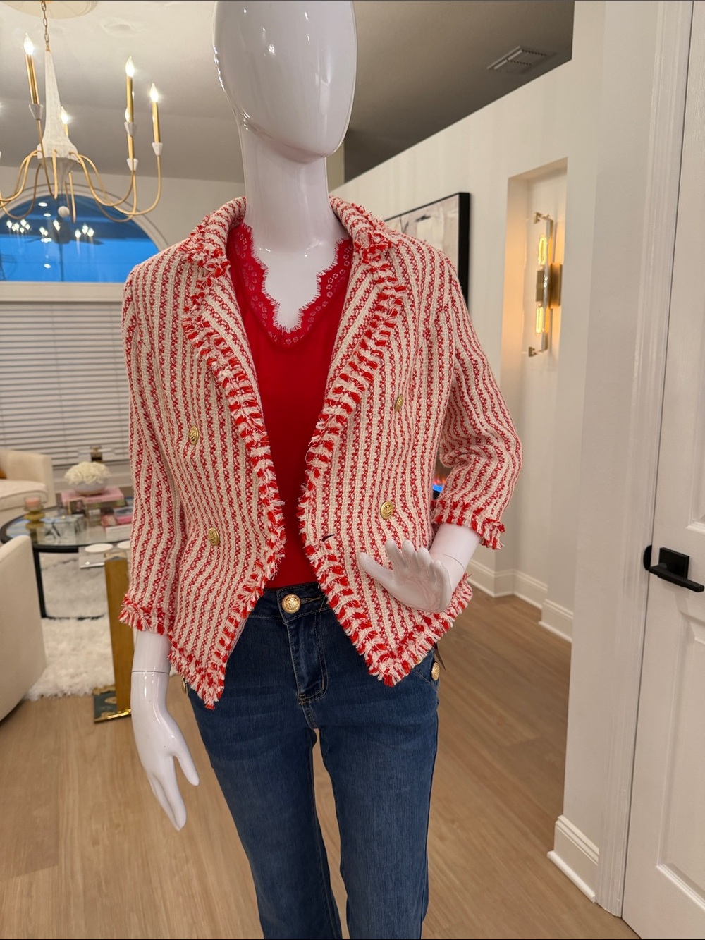 G by Giuliana Red and White Bouclé Double-Breasted Blazer - Picture 8 of 8